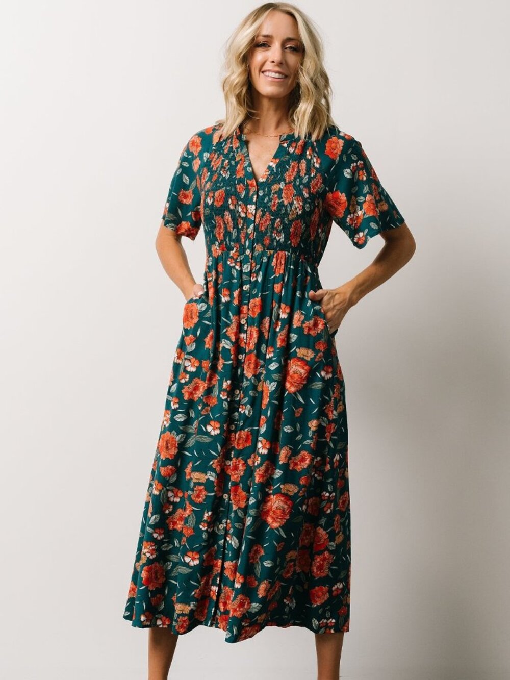 Baltic Born Botega Emerald Red Poppy Floral Midi Dress | XS